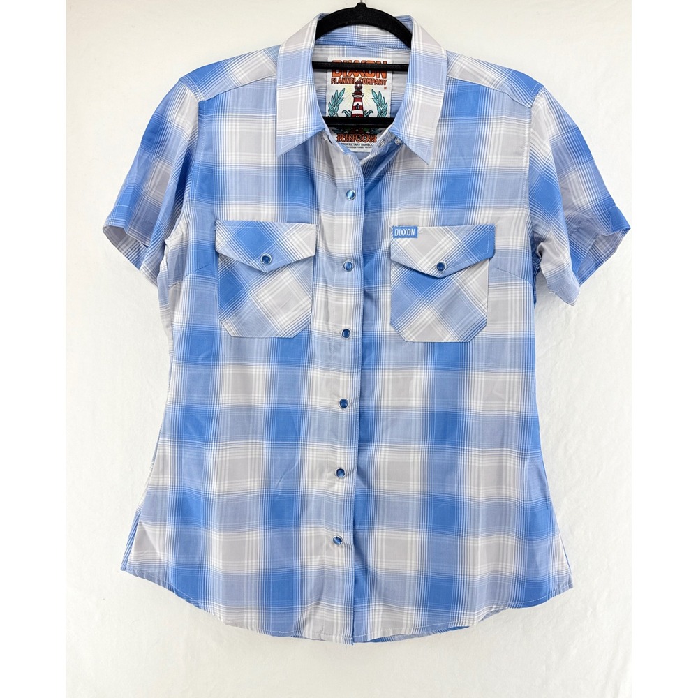 Dixxon Flannel Rincon Blue White Plaid Bamboo Blend Short Sleeve Shirt Womens M‎